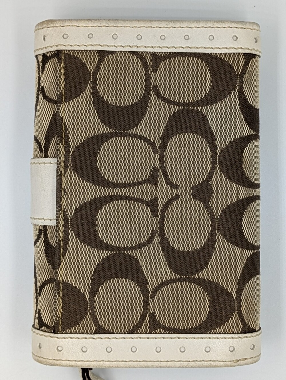 Coach Signature Wallet Khaki Canvas White Perforated Leather Trim Zip Folding - Picture 3 of 16